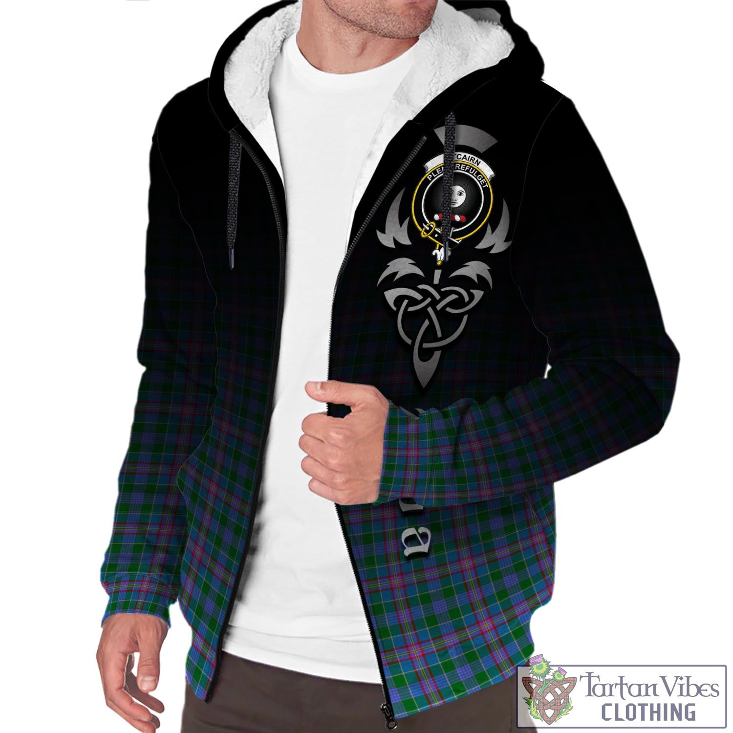 Tartan Vibes Clothing Pitcairn Hunting Tartan Sherpa Hoodie Featuring Alba Gu Brath Family Crest Celtic Inspired