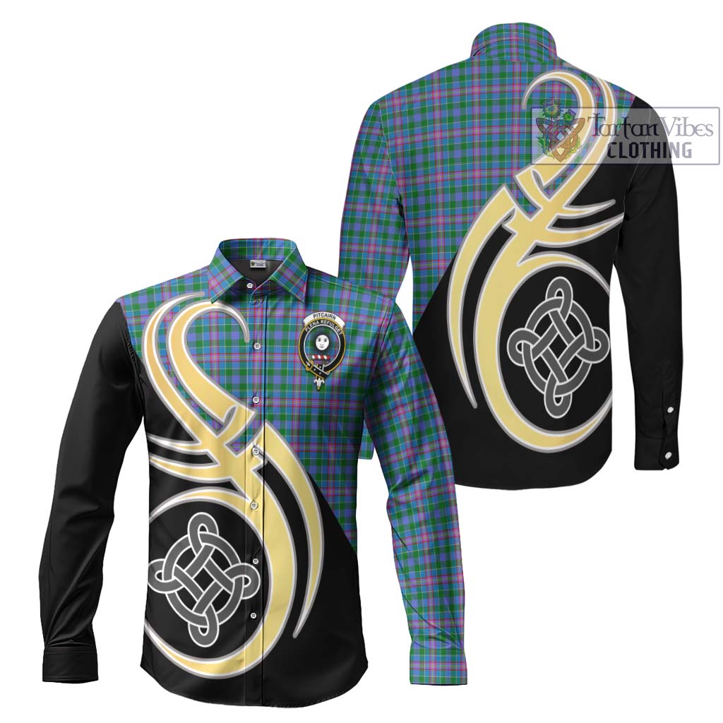 Pitcairn Tartan Long Sleeve Button Shirt with Family Crest and Celtic Symbol Style Men's Shirt S - Tartan Vibes Clothing