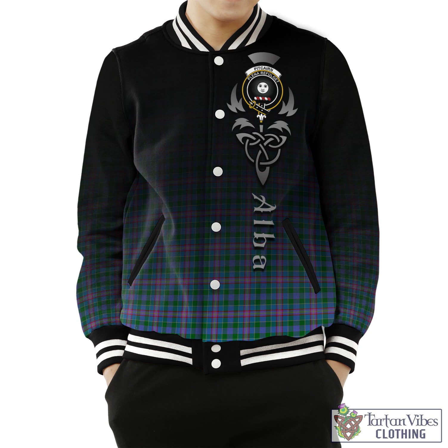 Tartan Vibes Clothing Pitcairn Hunting Tartan Baseball Jacket Featuring Alba Gu Brath Family Crest Celtic Inspired