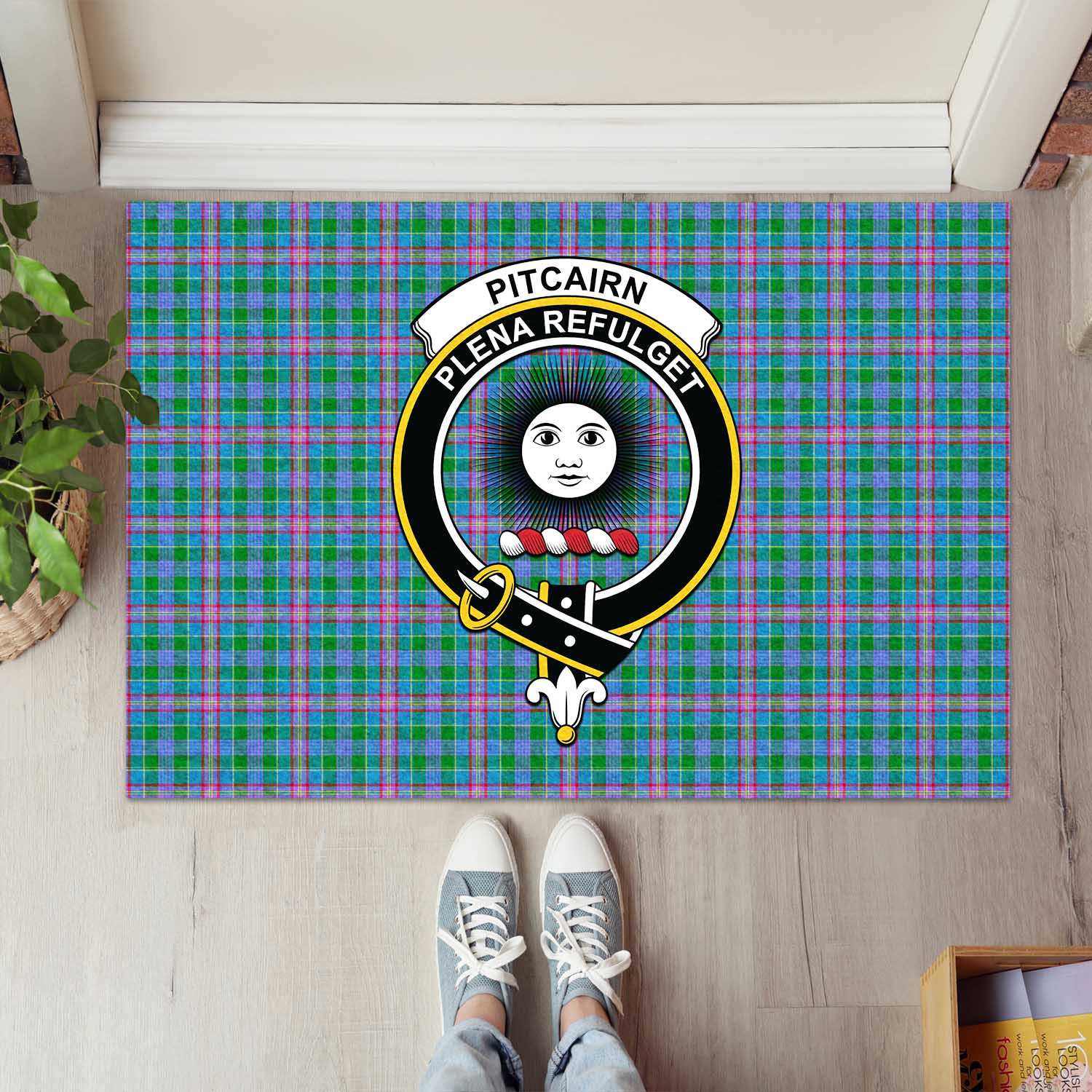 Pitcairn Hunting Tartan Door Mat with Family Crest - Tartanvibesclothing