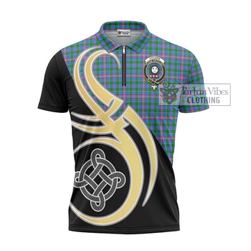 Pitcairn Tartan Zipper Polo Shirt with Family Crest and Celtic Symbol Style