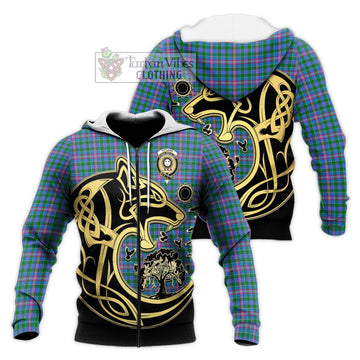 Pitcairn Tartan Knitted Hoodie with Family Crest Celtic Wolf Style