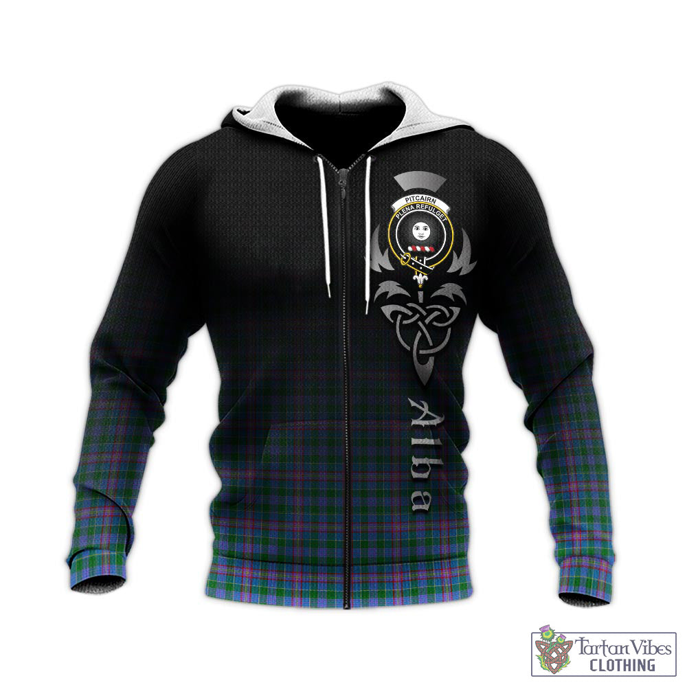 Tartan Vibes Clothing Pitcairn Hunting Tartan Knitted Hoodie Featuring Alba Gu Brath Family Crest Celtic Inspired