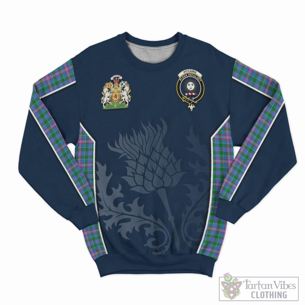 Tartan Vibes Clothing Pitcairn Hunting Tartan Sweatshirt with Family Crest and Scottish Thistle Vibes Sport Style