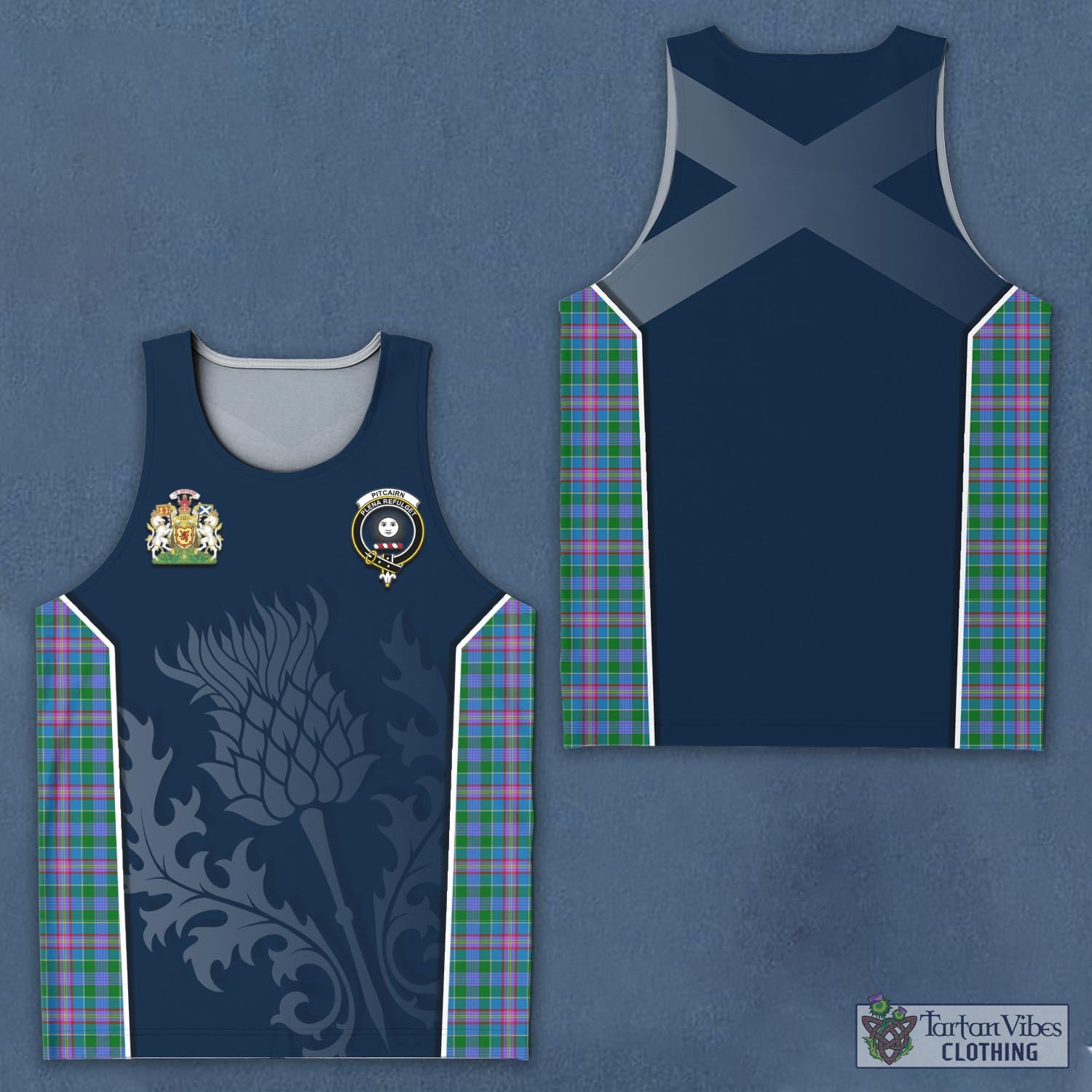 Tartan Vibes Clothing Pitcairn Hunting Tartan Men's Tanks Top with Family Crest and Scottish Thistle Vibes Sport Style