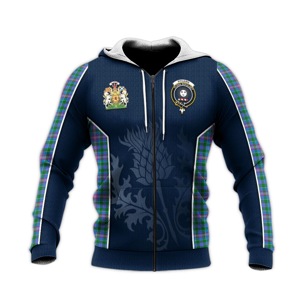 Tartan Vibes Clothing Pitcairn Hunting Tartan Knitted Hoodie with Family Crest and Scottish Thistle Vibes Sport Style