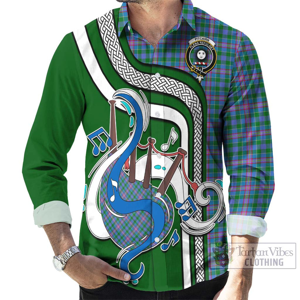 Pitcairn Tartan Long Sleeve Button Shirt with Epic Bagpipe Style - Tartanvibesclothing Shop