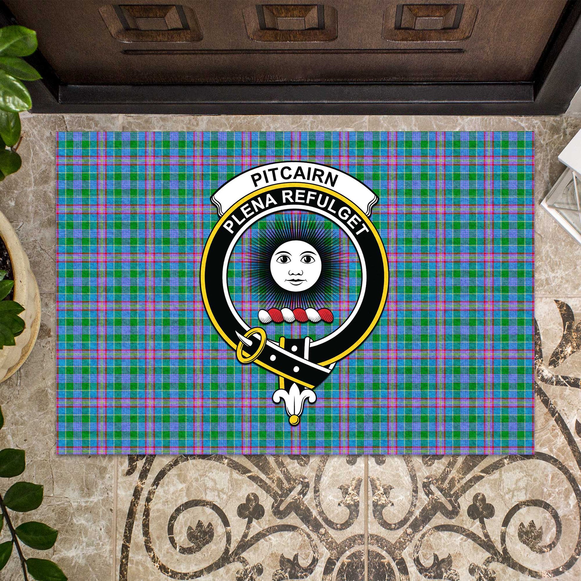 Pitcairn Hunting Tartan Door Mat with Family Crest - Tartanvibesclothing