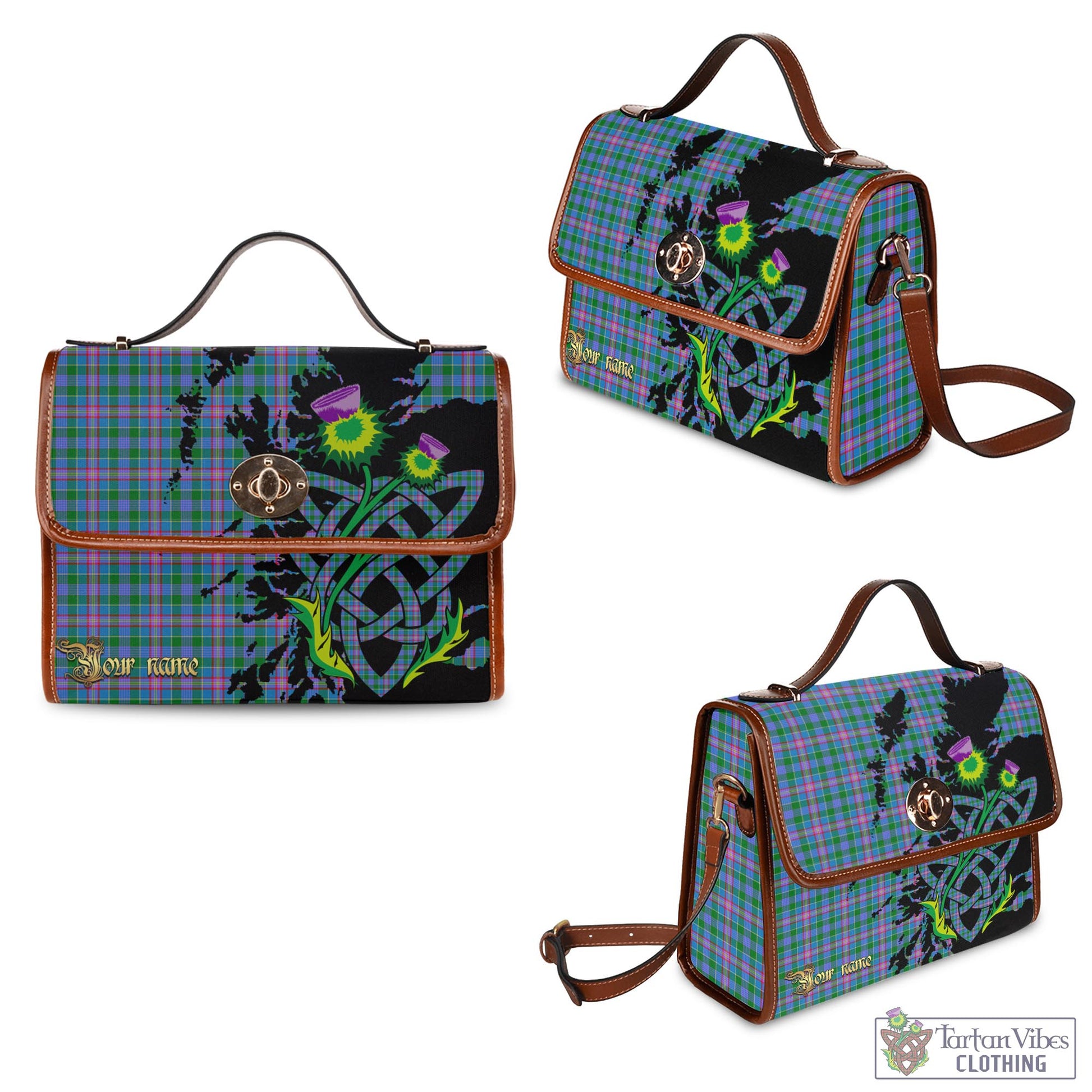 Tartan Vibes Clothing Pitcairn Hunting Tartan Waterproof Canvas Bag with Scotland Map and Thistle Celtic Accents