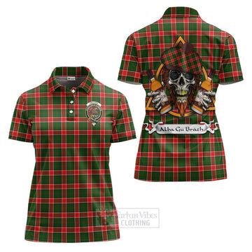 Pollock Tartan Women's Polo Shirt with Family Crest and Bearded Skull Holding Bottles of Whiskey Women - Tartan Vibes Clothing