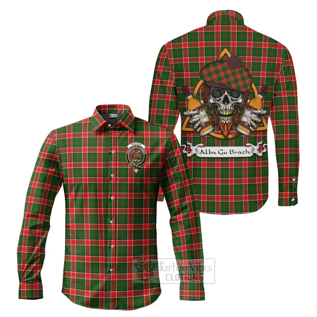 Tartan Vibes Clothing Pollock Tartan Long Sleeve Button Shirt with Family Crest and Bearded Skull Holding Bottles of Whiskey