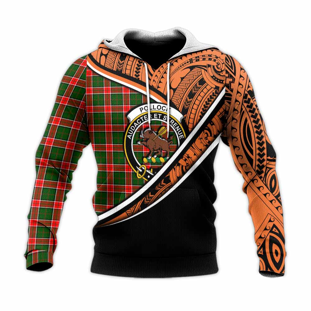 Tartan Vibes Clothing Pollock Crest Tartan Knitted Hoodie with Maori Tattoo Style - Orange Version