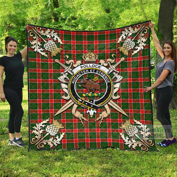 Pollock Tartan Quilt with Family Crest and Scottish Golden Courage Shield