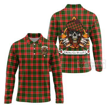 Pollock Tartan Long Sleeve Polo Shirt with Family Crest and Bearded Skull Holding Bottles of Whiskey Unisex - Tartan Vibes Clothing