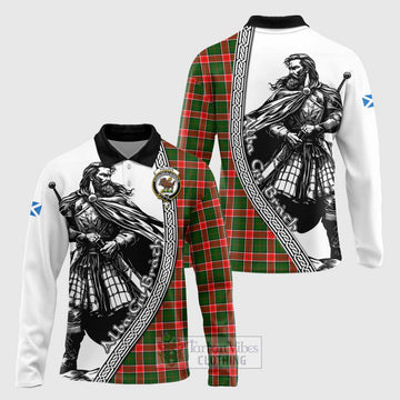Pollock Tartan Clan Crest Long Sleeve Polo Shirt with Highlander Warrior Celtic Style Unisex - Tartan Vibes Clothing