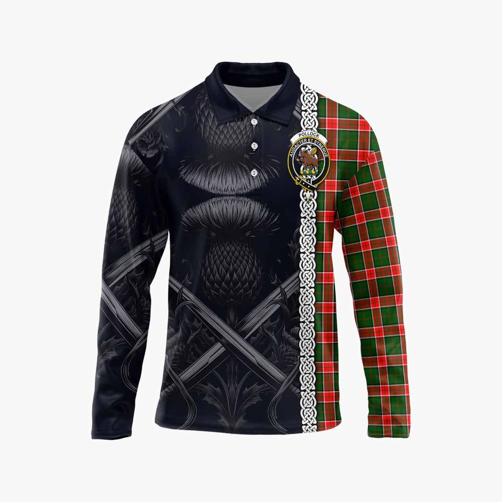 Pollock Tartan Long Sleeve Polo Shirt with Family Crest Cross Sword Thistle Celtic Vibes Unisex - Tartan Vibes Clothing