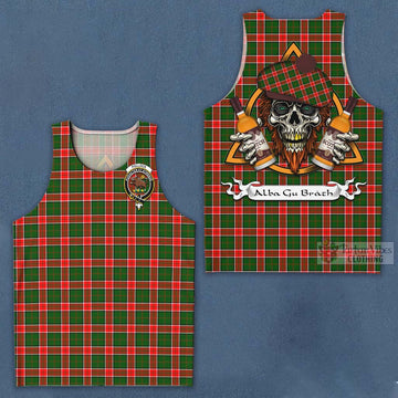 Pollock Tartan Men's Tank Top with Family Crest and Bearded Skull Holding Bottles of Whiskey