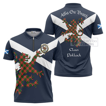 Pollock Tartan Lion Rampant Zipper Polo Shirt Proudly Display Your Heritage with Alba Gu Brath and Clan Name Unisex - Tartan Vibes Clothing