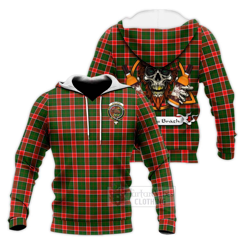 Tartan Vibes Clothing Pollock Tartan Knitted Hoodie with Family Crest and Bearded Skull Holding Bottles of Whiskey