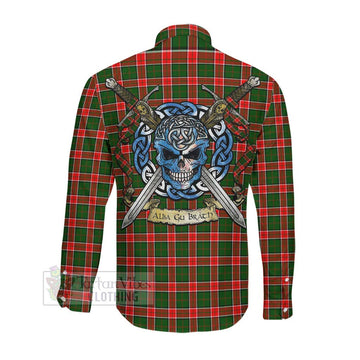 Pollock Tartan Long Sleeve Button Shirt with Family Crest Celtic Skull Style