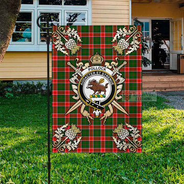 Pollock Tartan Flag with Family Crest and Golden Thistle Crossed Sword Design