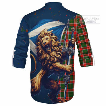 Pollock Tartan Family Crest Ghillie Kilt Shirt with Scottish Majestic Lion - Tartan Vibes Clothing