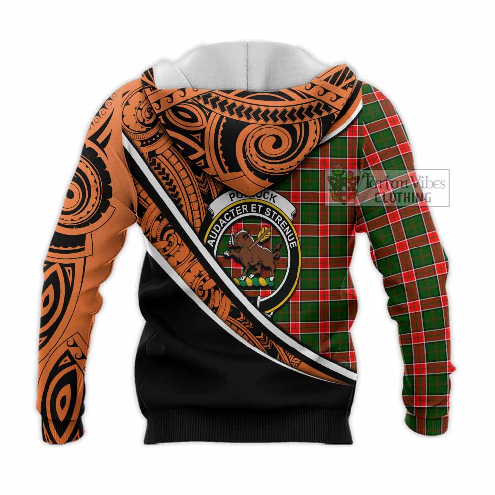 Tartan Vibes Clothing Pollock Crest Tartan Knitted Hoodie with Maori Tattoo Style - Orange Version