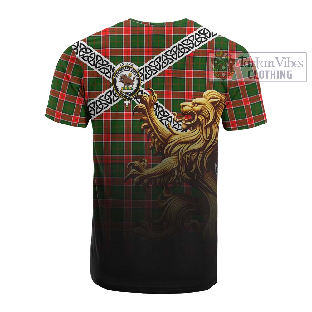 Pollock Crest Tartan Cotton T-shirt with Golden Lion Emblem Celtic Style - Tartan Vibes Clothing