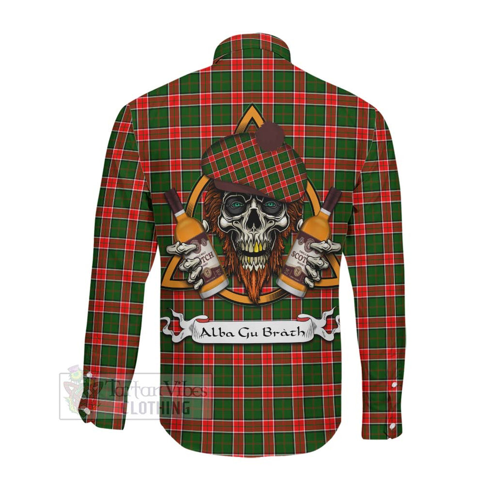 Tartan Vibes Clothing Pollock Tartan Long Sleeve Button Shirt with Family Crest and Bearded Skull Holding Bottles of Whiskey