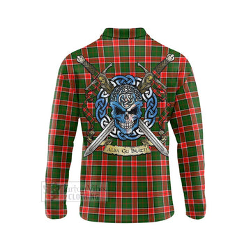 Pollock Tartan Long Sleeve Polo Shirt with Family Crest Celtic Skull Style - Tartan Vibes Clothing