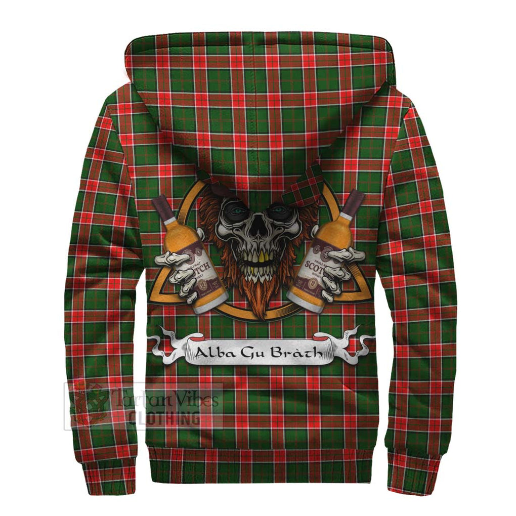 Tartan Vibes Clothing Pollock Tartan Sherpa Hoodie with Family Crest and Bearded Skull Holding Bottles of Whiskey