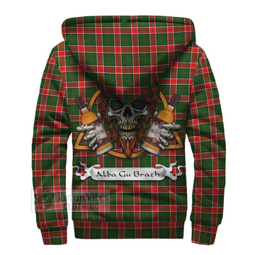 Pollock Tartan Sherpa Hoodie with Family Crest and Bearded Skull Holding Bottles of Whiskey