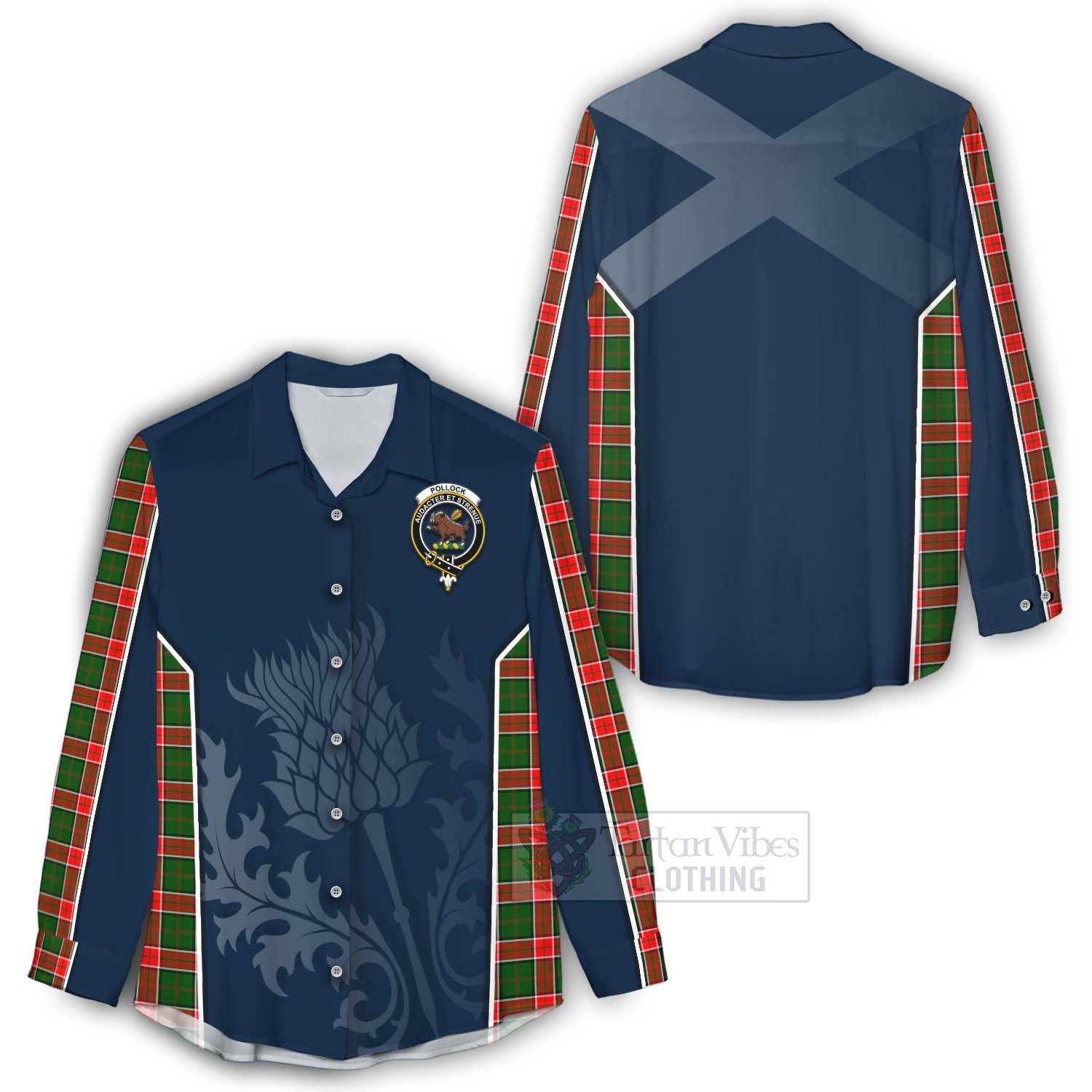 Tartan Vibes Clothing Pollock Tartan Women's Casual Shirt with Family Crest and Scottish Thistle Vibes Sport Style