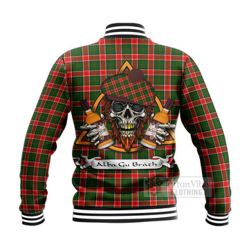 Pollock Tartan Baseball Jacket with Family Crest and Bearded Skull Holding Bottles of Whiskey - Tartan Vibes Clothing