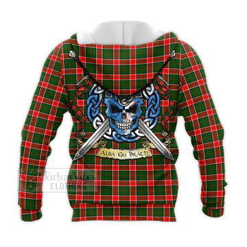 Pollock Tartan Knitted Hoodie with Family Crest Celtic Skull Style