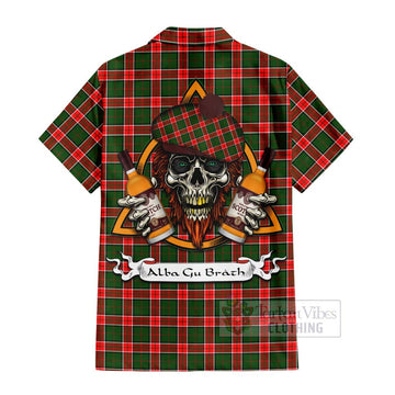 Pollock Tartan Hawaiian Shirt with Family Crest and Bearded Skull Holding Bottles of Whiskey - Tartan Vibes Clothing