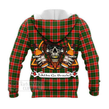 Pollock Tartan Knitted Hoodie with Family Crest and Bearded Skull Holding Bottles of Whiskey