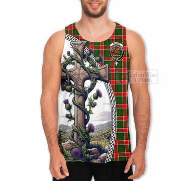 Pollock Tartan Men's Tank Top with Family Crest and St. Andrew's Cross Accented by Thistle Vines