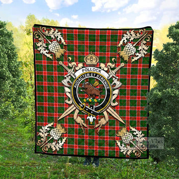 Pollock Tartan Quilt with Family Crest and Scottish Golden Courage Shield