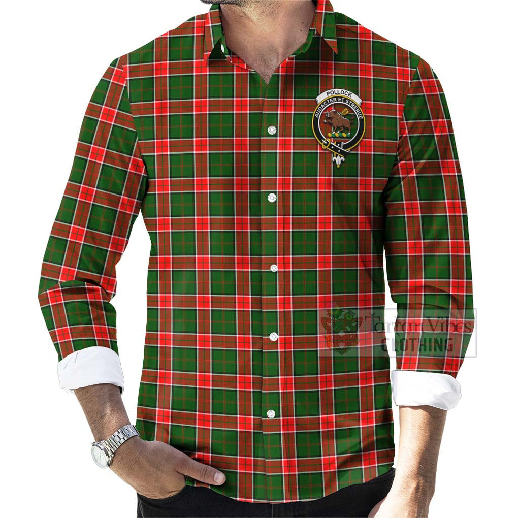 Tartan Vibes Clothing Pollock Tartan Long Sleeve Button Shirt with Family Crest and Bearded Skull Holding Bottles of Whiskey