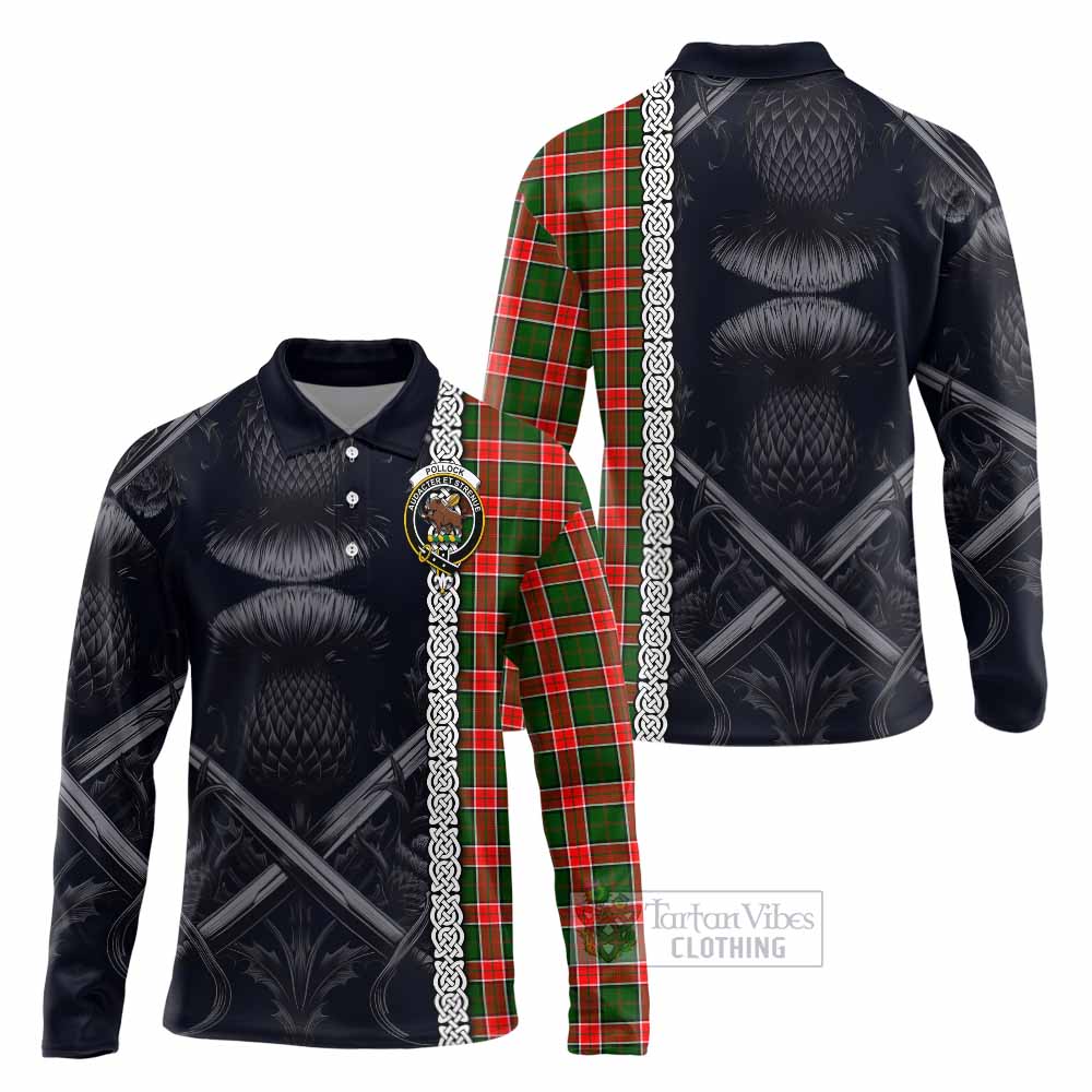 Pollock Tartan Long Sleeve Polo Shirt with Family Crest Cross Sword Thistle Celtic Vibes - Tartan Vibes Clothing