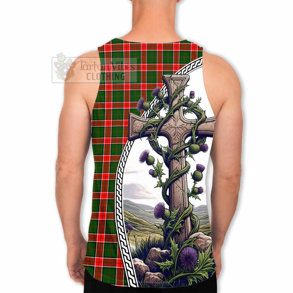 Tartan Vibes Clothing Pollock Tartan Men's Tank Top with Family Crest and St. Andrew's Cross Accented by Thistle Vines