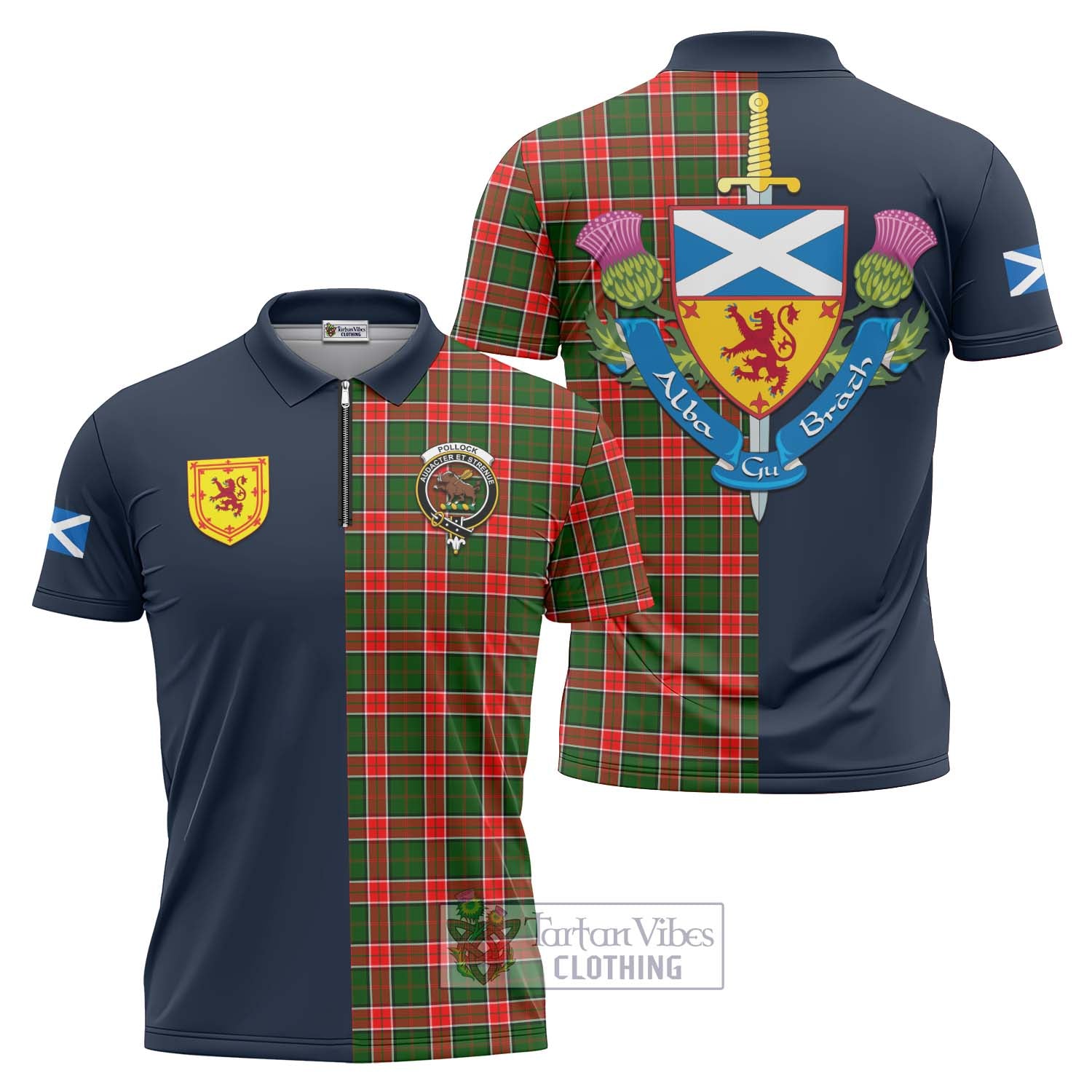 Tartan Vibes Clothing Pollock Modern Tartan Zipper Polo Shirt with Scottish Lion Royal Arm Half Style