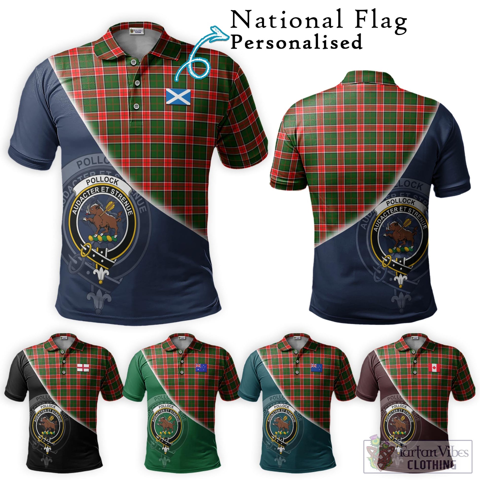 Tartan Vibes Clothing Pollock Modern Tartan Polo Shirt with Personalised National Flag and Family Crest Half Style