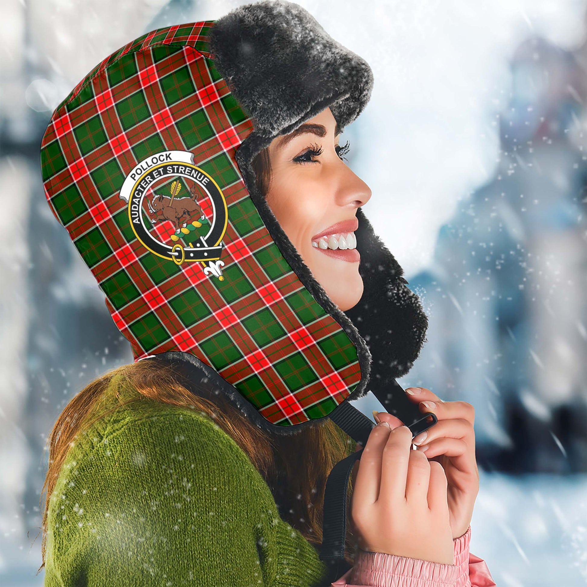 Pollock Modern Tartan Winter Trapper Hat with Family Crest Winter Trapper Hat Universal Fit Circumference 22.8in (58cm) - Tartanvibesclothing