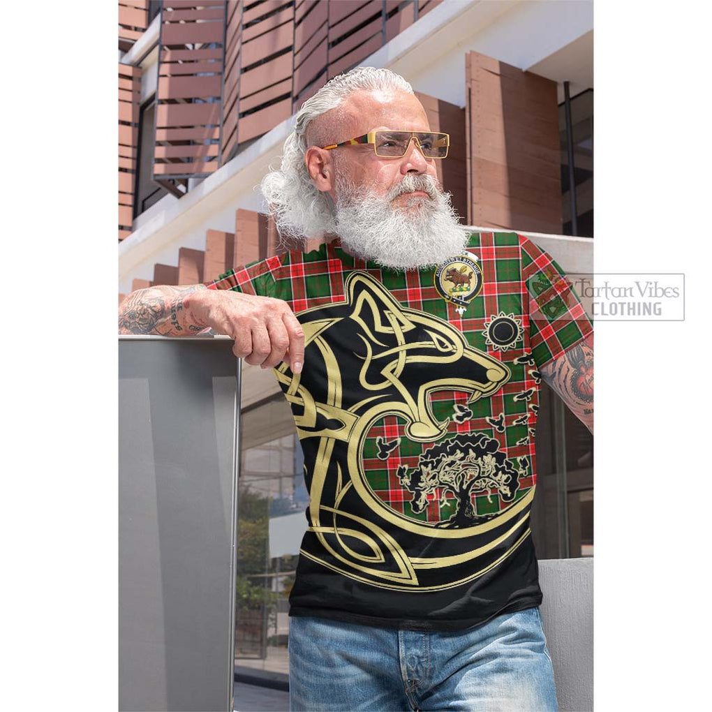 Tartan Vibes Clothing Pollock Modern Tartan Cotton T-shirt with Family Crest Celtic Wolf Style