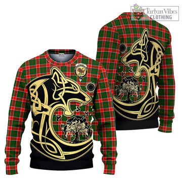 Pollock Tartan Knitted Sweater with Family Crest Celtic Wolf Style