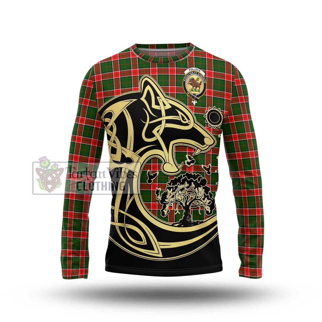 Tartan Vibes Clothing Pollock Modern Tartan Long Sleeve T-Shirt with Family Crest Celtic Wolf Style