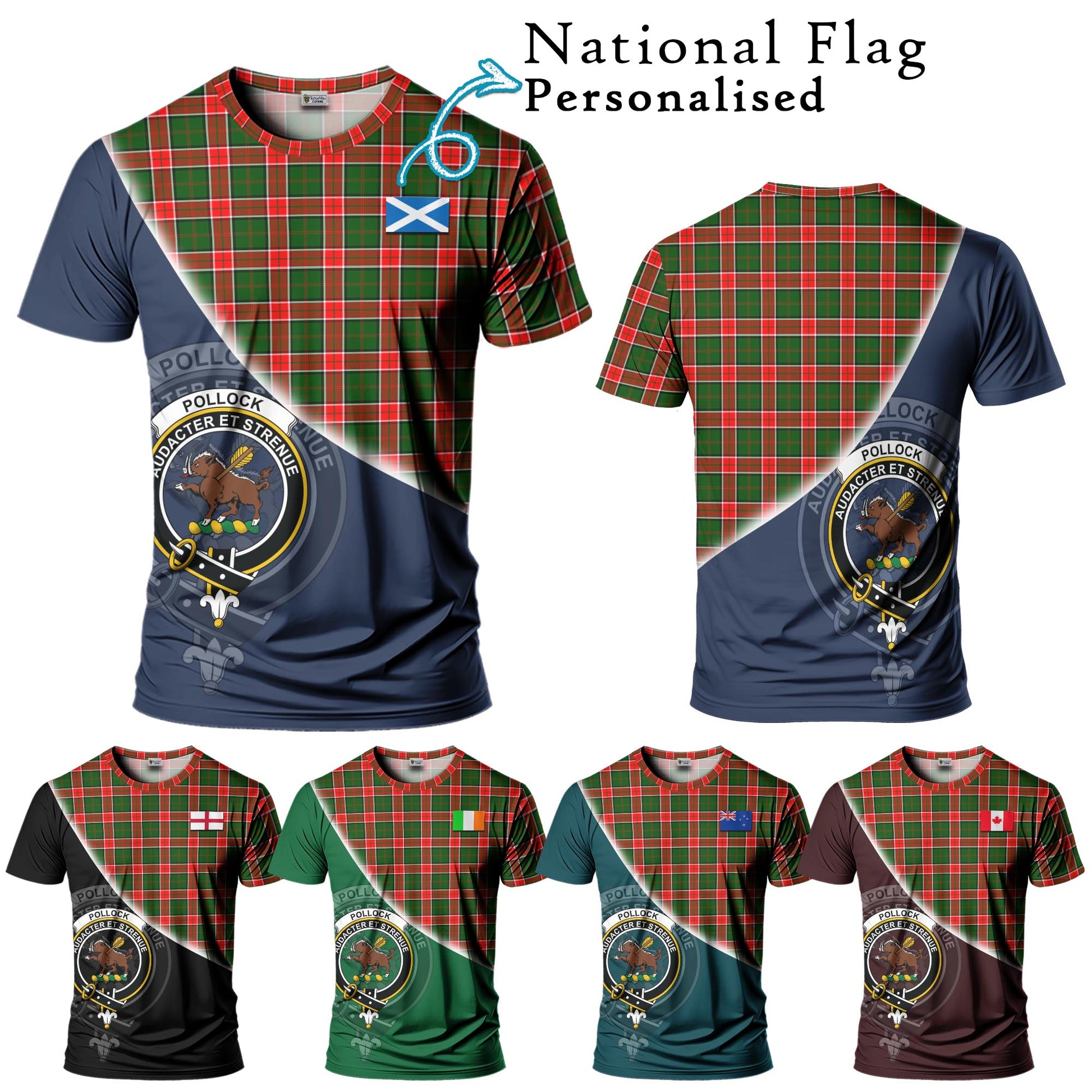 Tartan Vibes Clothing Pollock Modern Tartan T-Shirt with Personalised National Flag and Family Crest Half Style