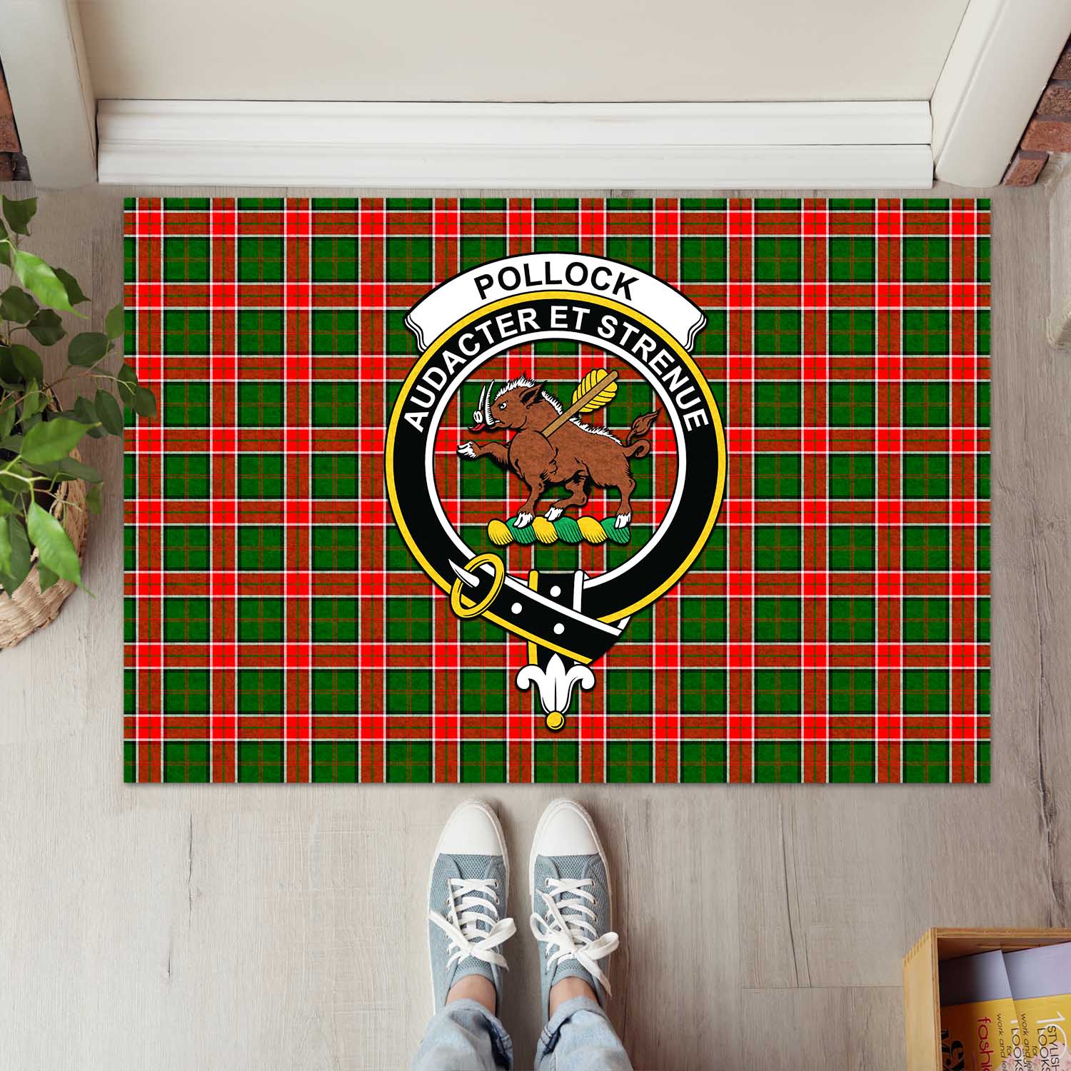 Pollock Modern Tartan Door Mat with Family Crest - Tartanvibesclothing